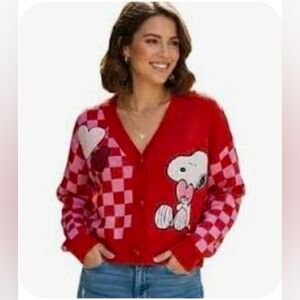 Peanuts Red and Pink Snoopy Heart-Print Cardigan Size M